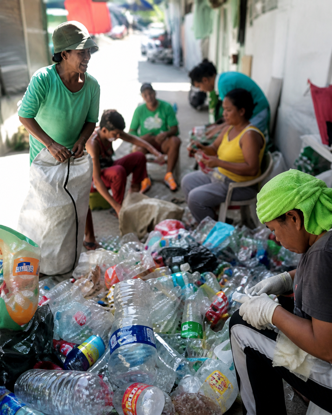 Community members sorting recyclable plastic materials for Laya Loop